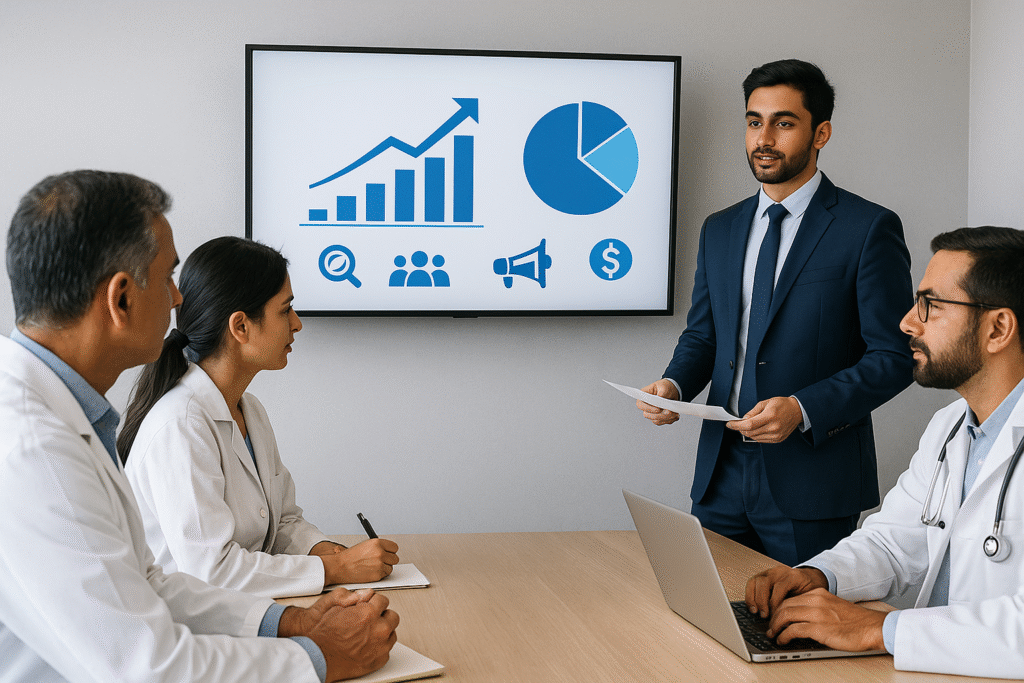 Marketing expert of healthcare digital marketing agency in gurgaon presenting digital growth strategies to healthcare professionals.