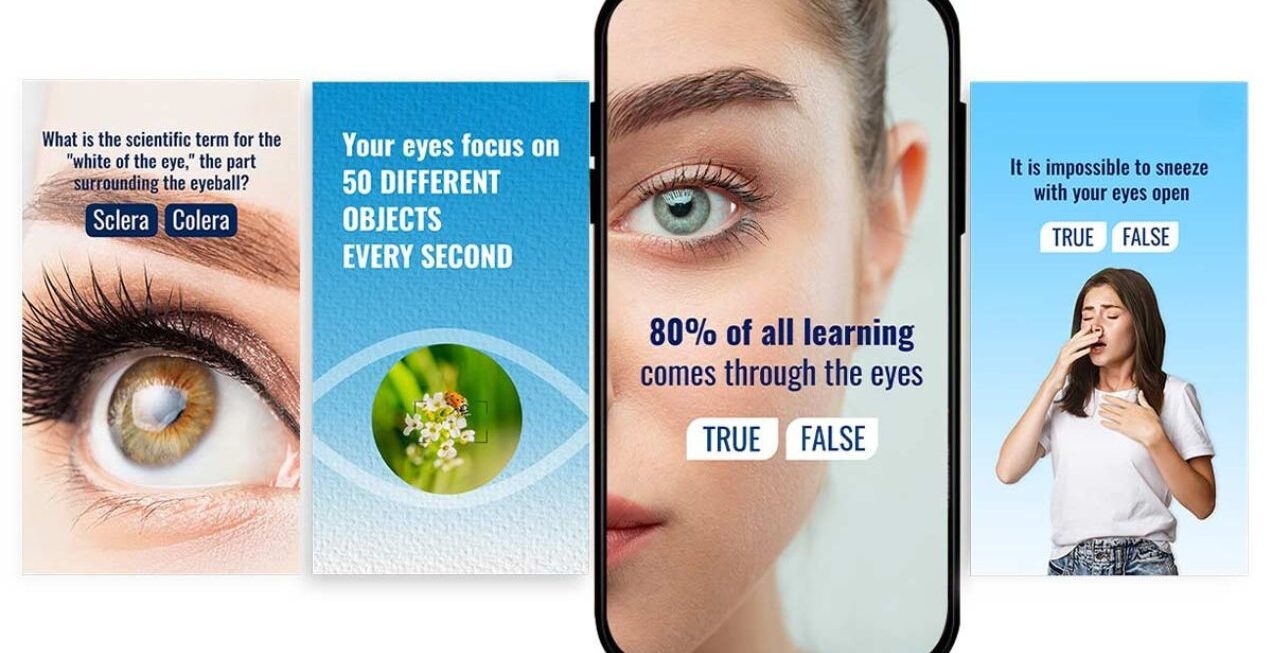 Interactive eye care social media posts used in AI-driven campaign for patient growth at eye clinic.