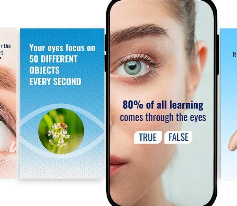 Interactive eye care social media posts used in AI-driven campaign for patient growth at eye clinic.