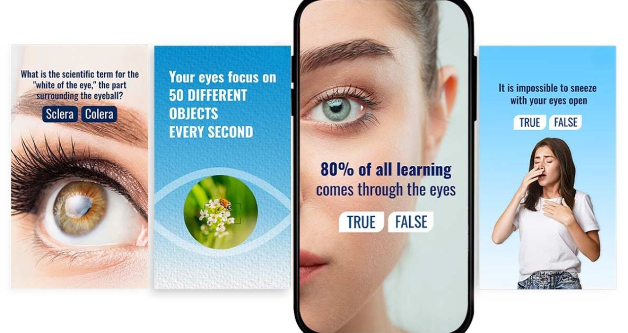 Interactive eye care social media posts used in AI-driven campaign for patient growth at eye clinic.