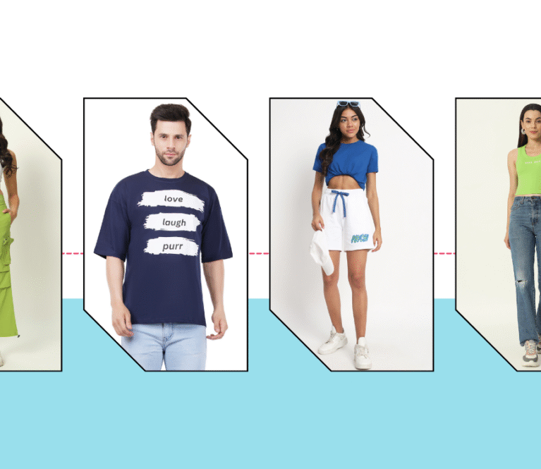 Models showcasing casual lifestyle apparel including tops, jeans, and t-shirts from a fashion brand