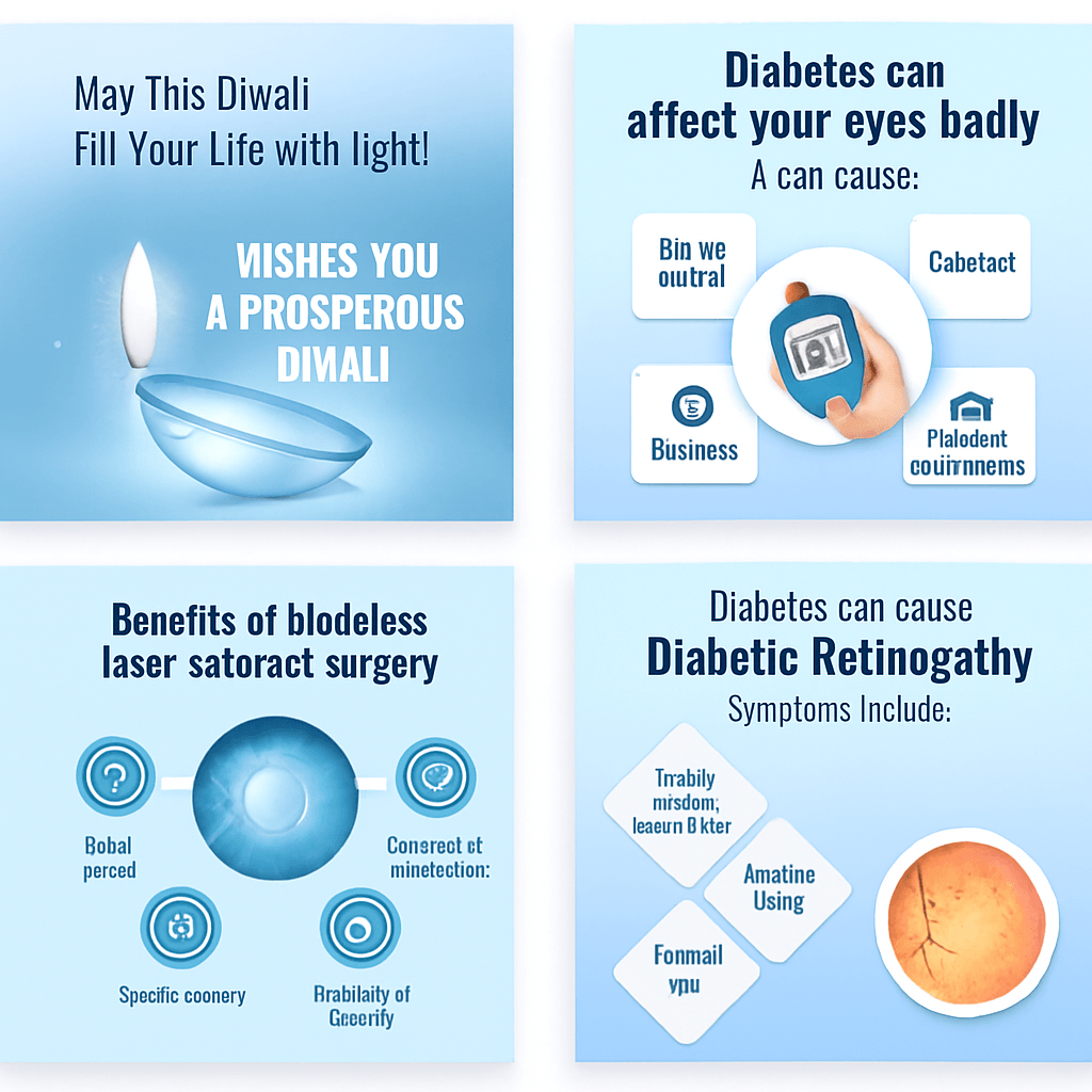 Social media creatives for an eye clinic covering Diwali greetings, diabetic eye complications, and benefits of bladeless cataract surgery