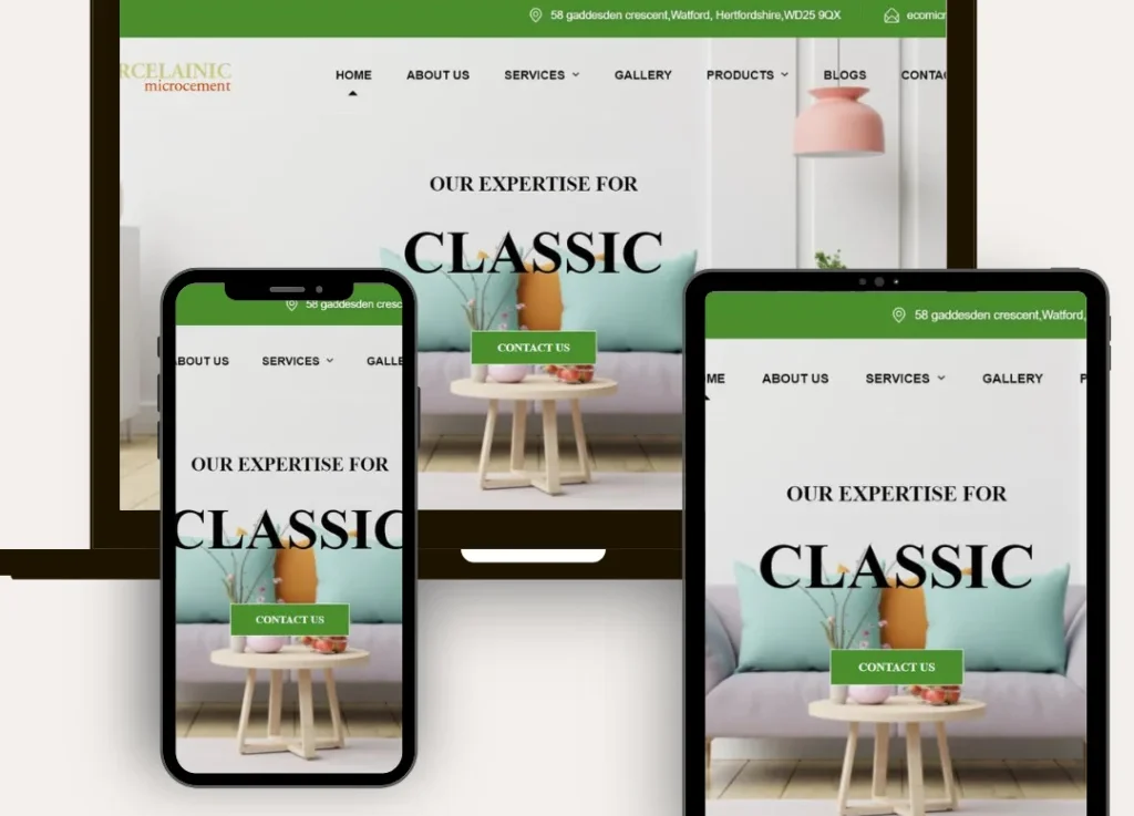 Responsive microcement brand website displayed on desktop, mobile and tablet screens.