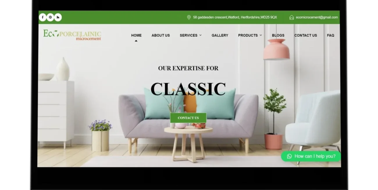 Microcement brand website homepage shown on a laptop screen