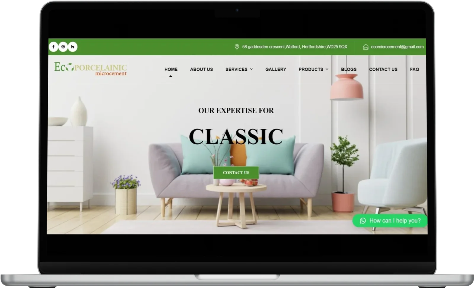 Microcement brand website homepage shown on a laptop screen
