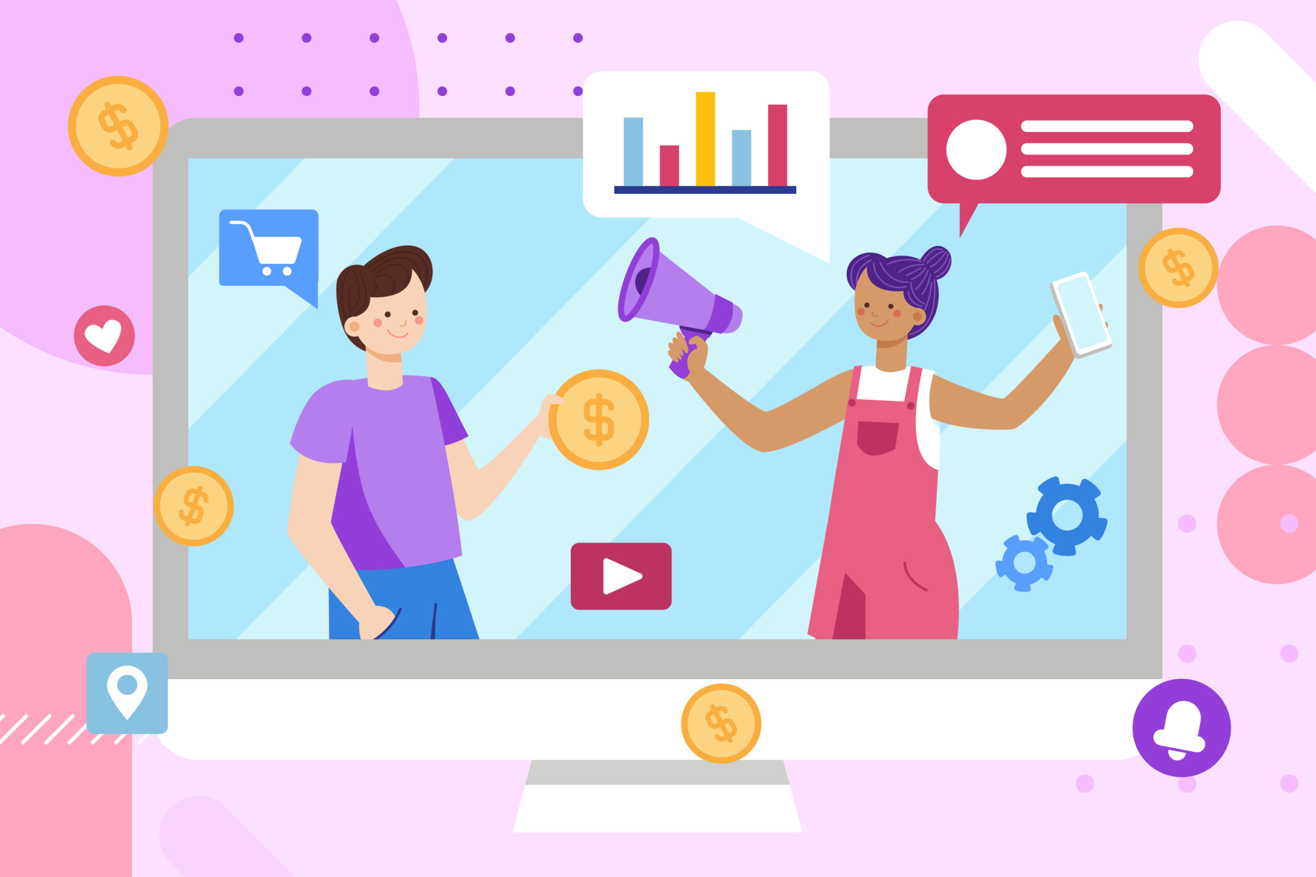 Paid media marketing concept with team managing ads, budget allocation, and performance analytics.