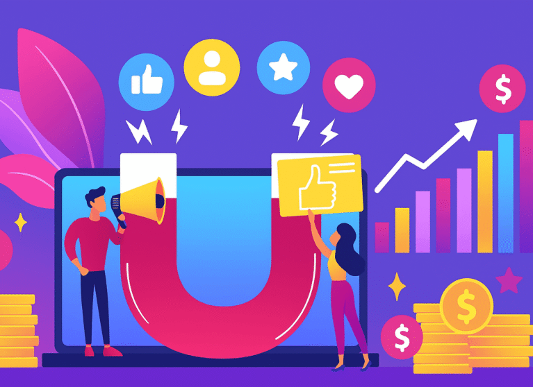 Digital marketing with magnet attracting likes, engagement, growth charts, and dollar signs