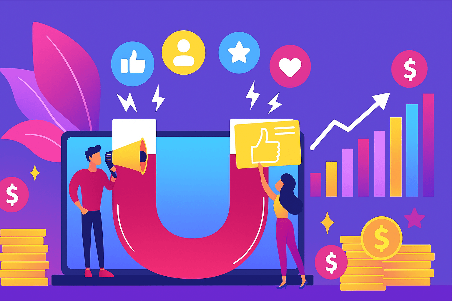 Digital marketing with magnet attracting likes, engagement, growth charts, and dollar signs